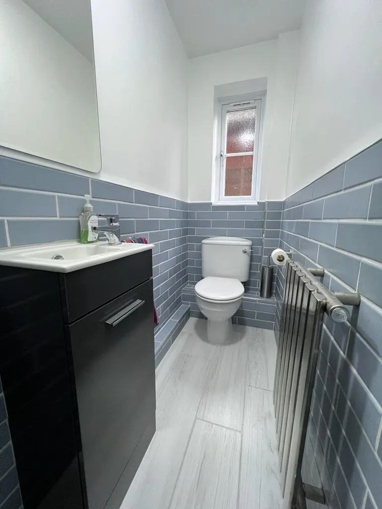 bathroom with a toilet, sink, and radiator